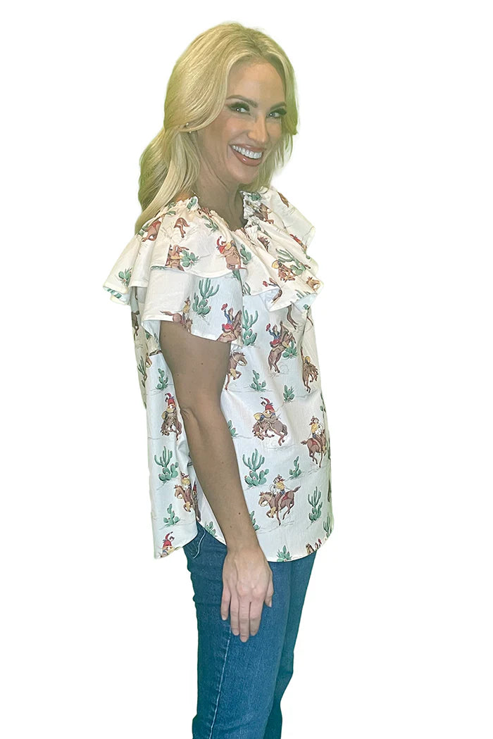Cowboy / Cactus Ruffle Neck Top