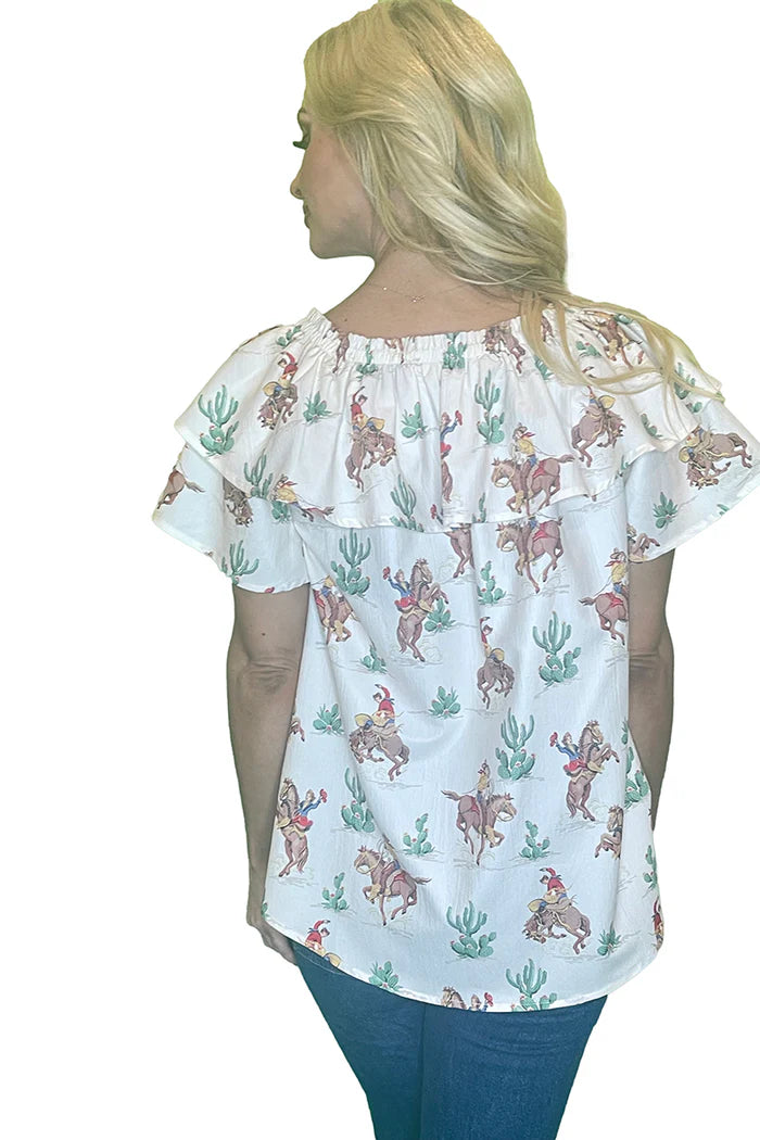 Cowboy / Cactus Ruffle Neck Top