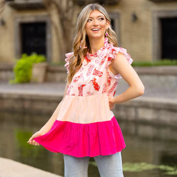 Western Color Block Ruffle Top