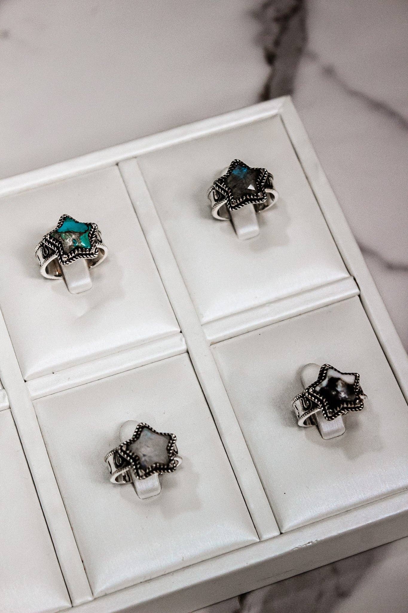Starry Stamped Sterling Ring: Kingman Turquoise / 7