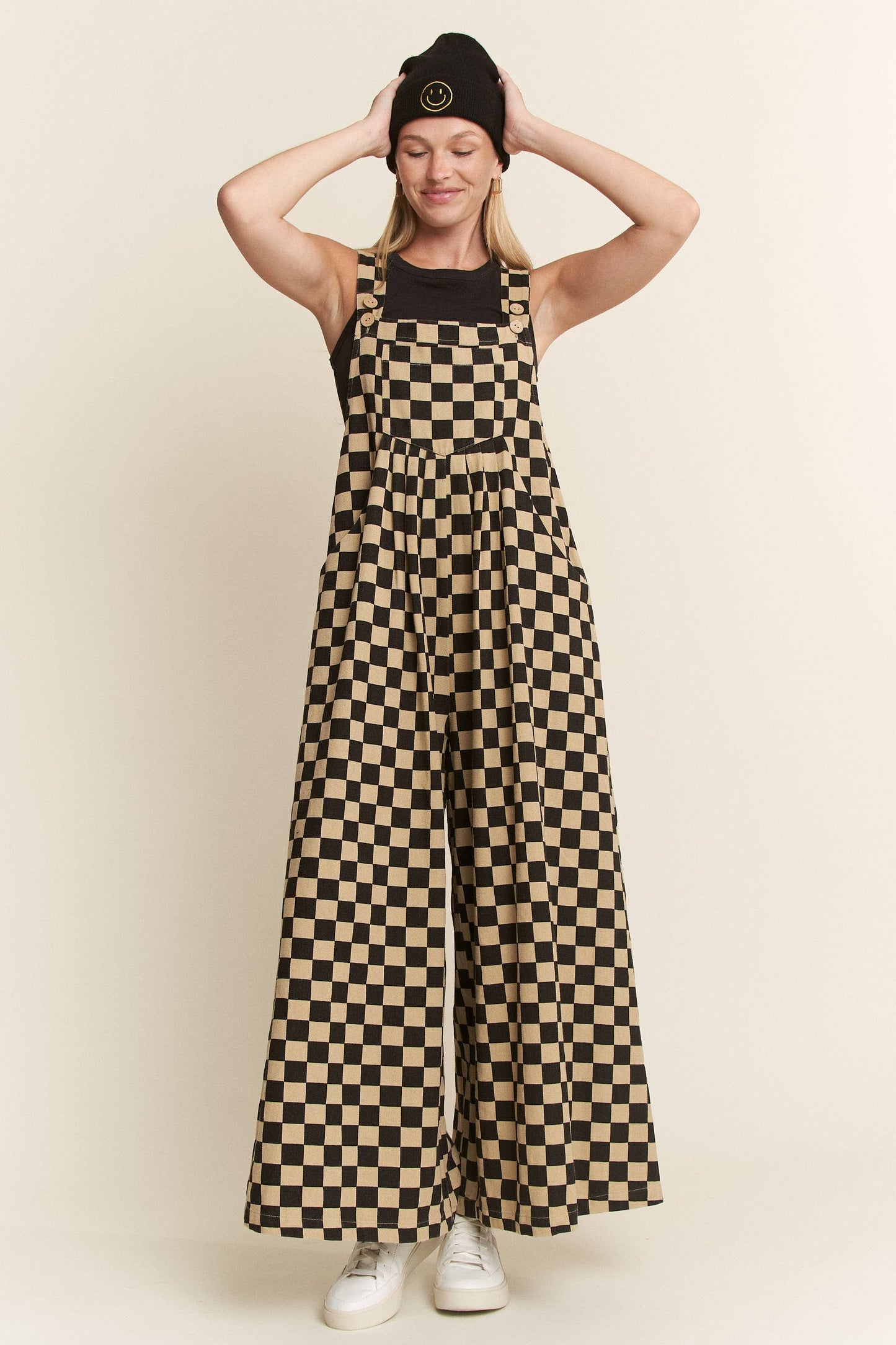 CHECKERED WIDE LEG OVERALLS: MOCHA/BLACK