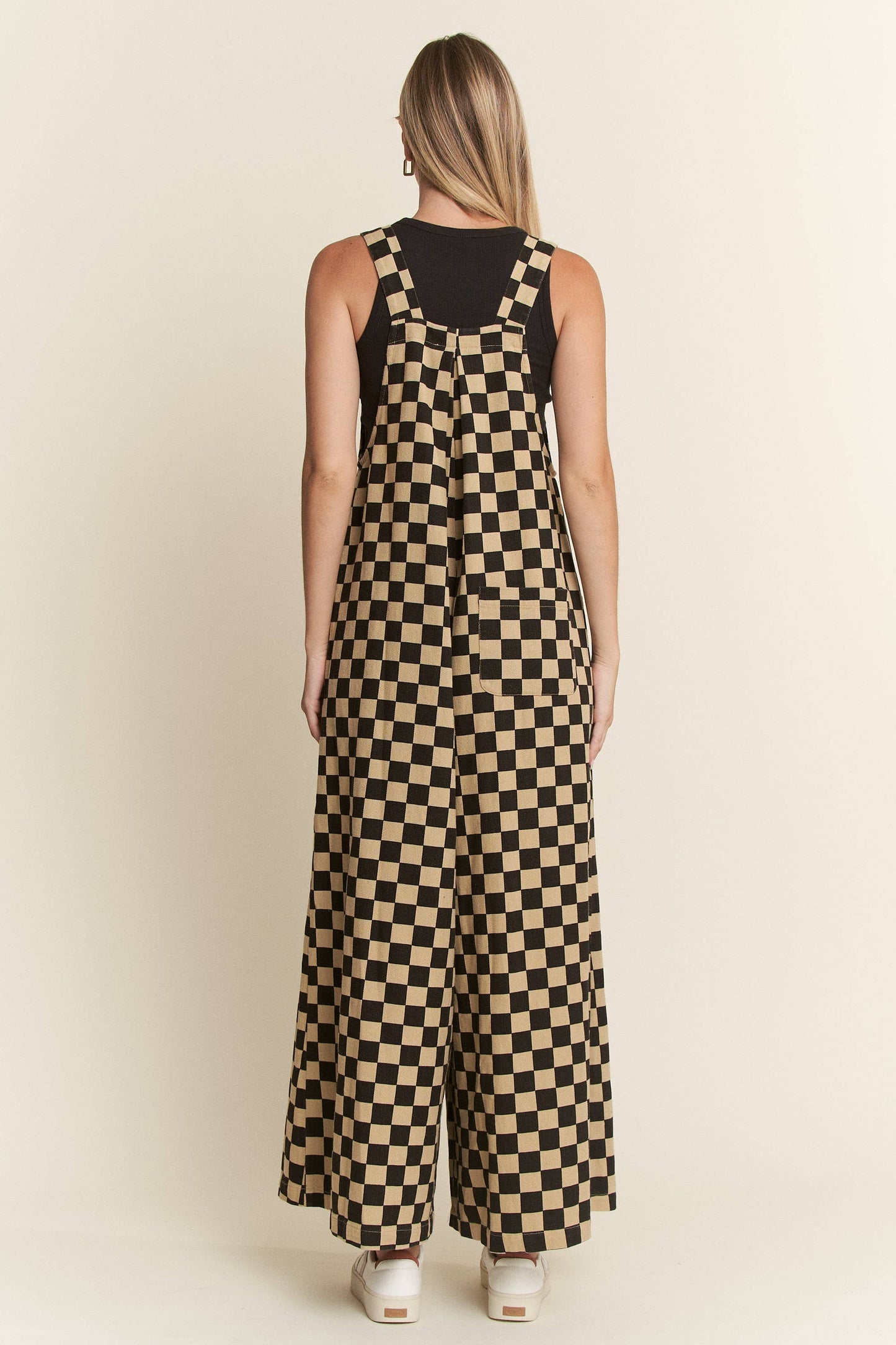 CHECKERED WIDE LEG OVERALLS: MOCHA/BLACK