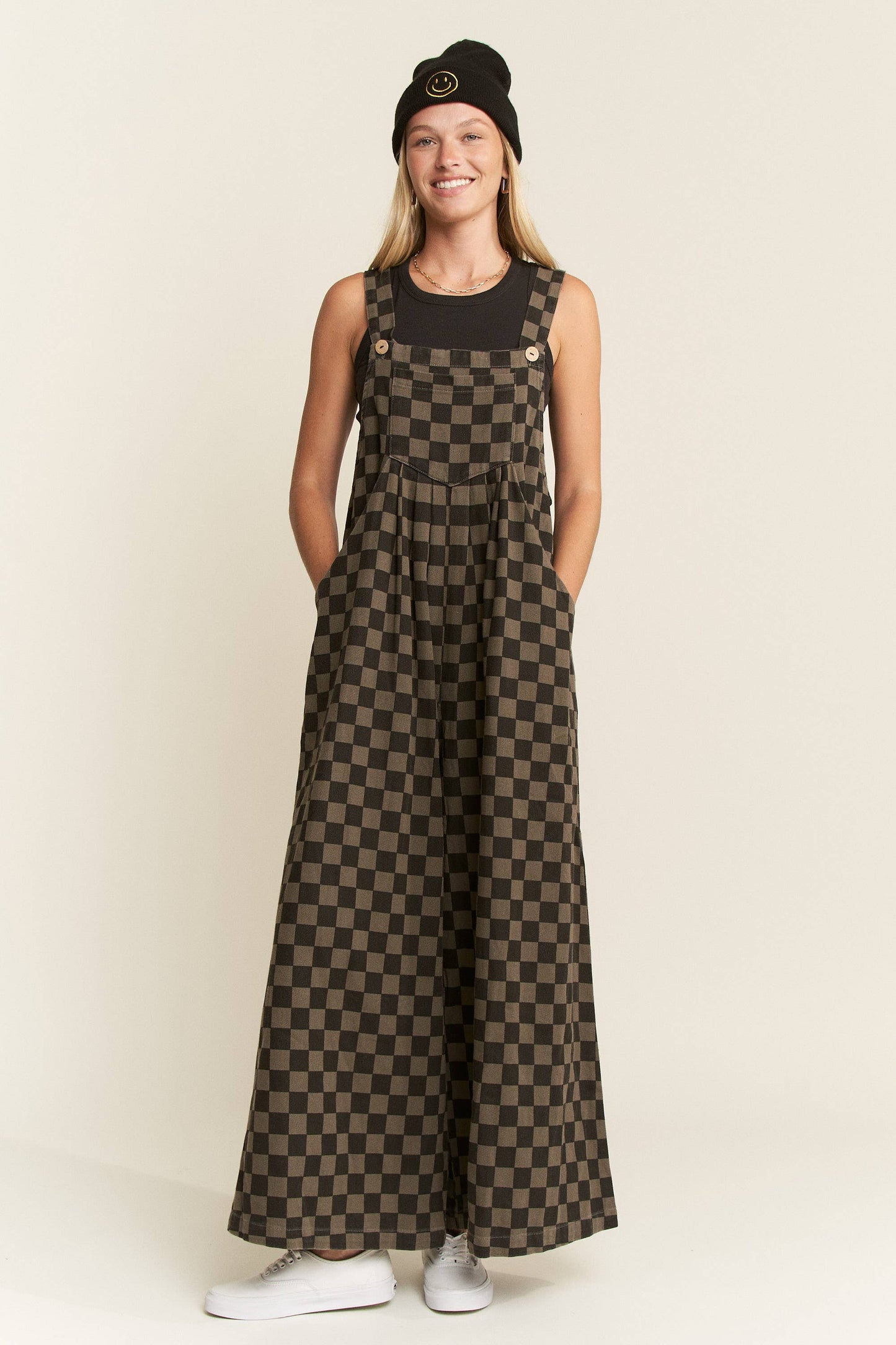 CHECKERED WIDE LEG OVERALLS: MOCHA/BLACK