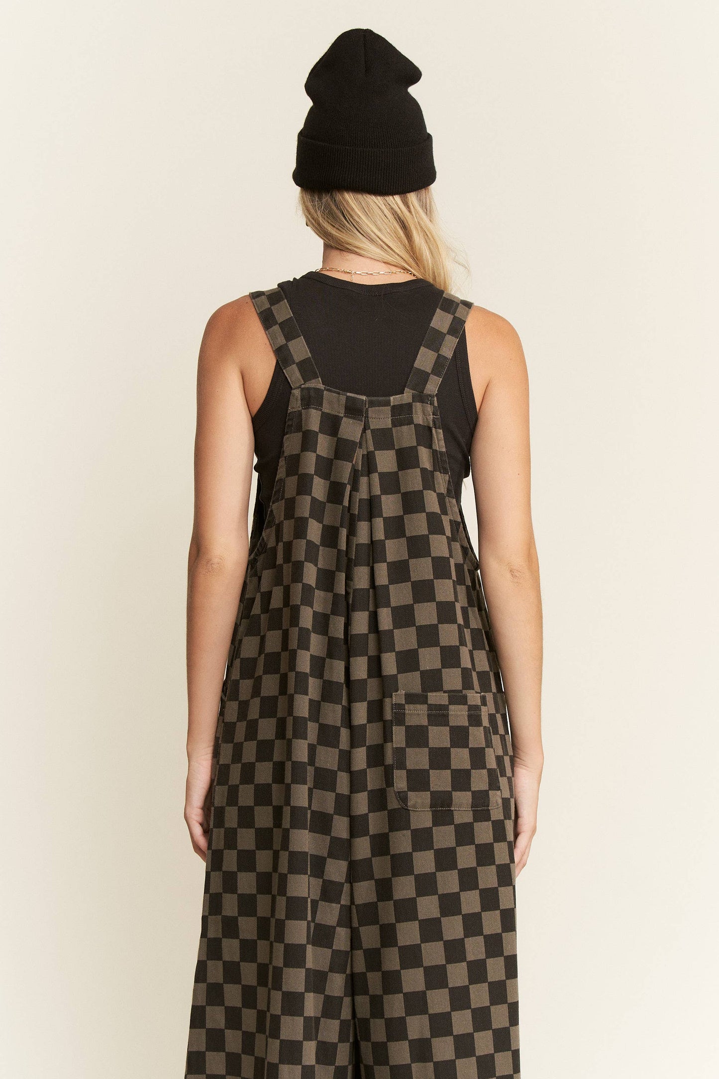 CHECKERED WIDE LEG OVERALLS: MOCHA/BLACK