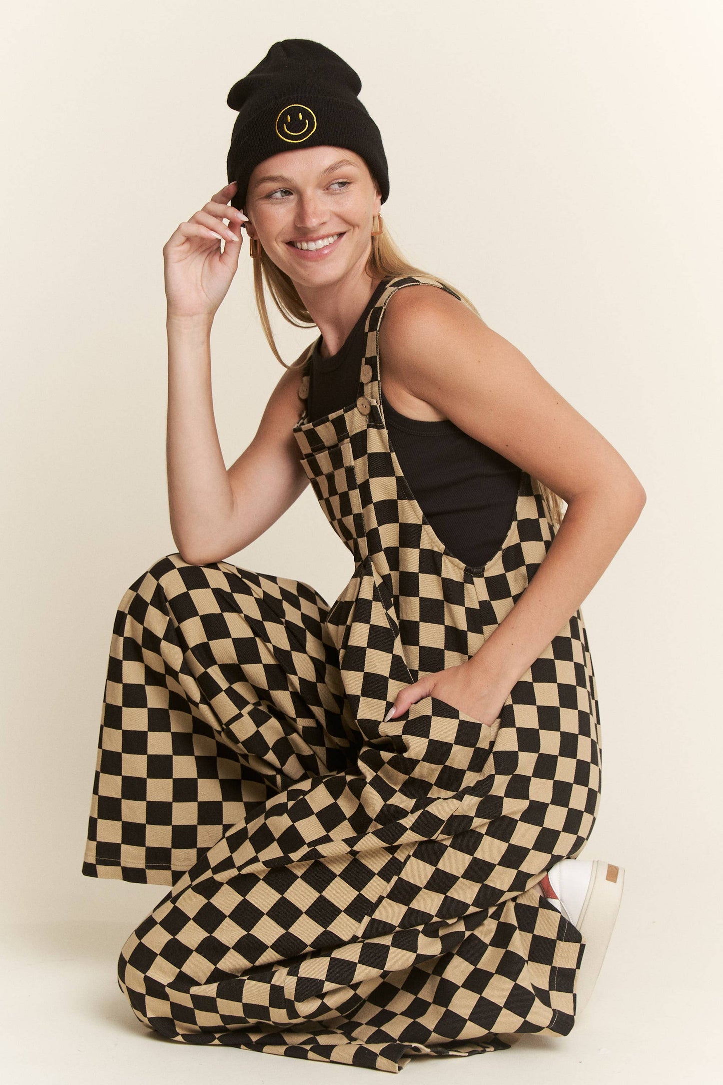 CHECKERED WIDE LEG OVERALLS: MOCHA/BLACK