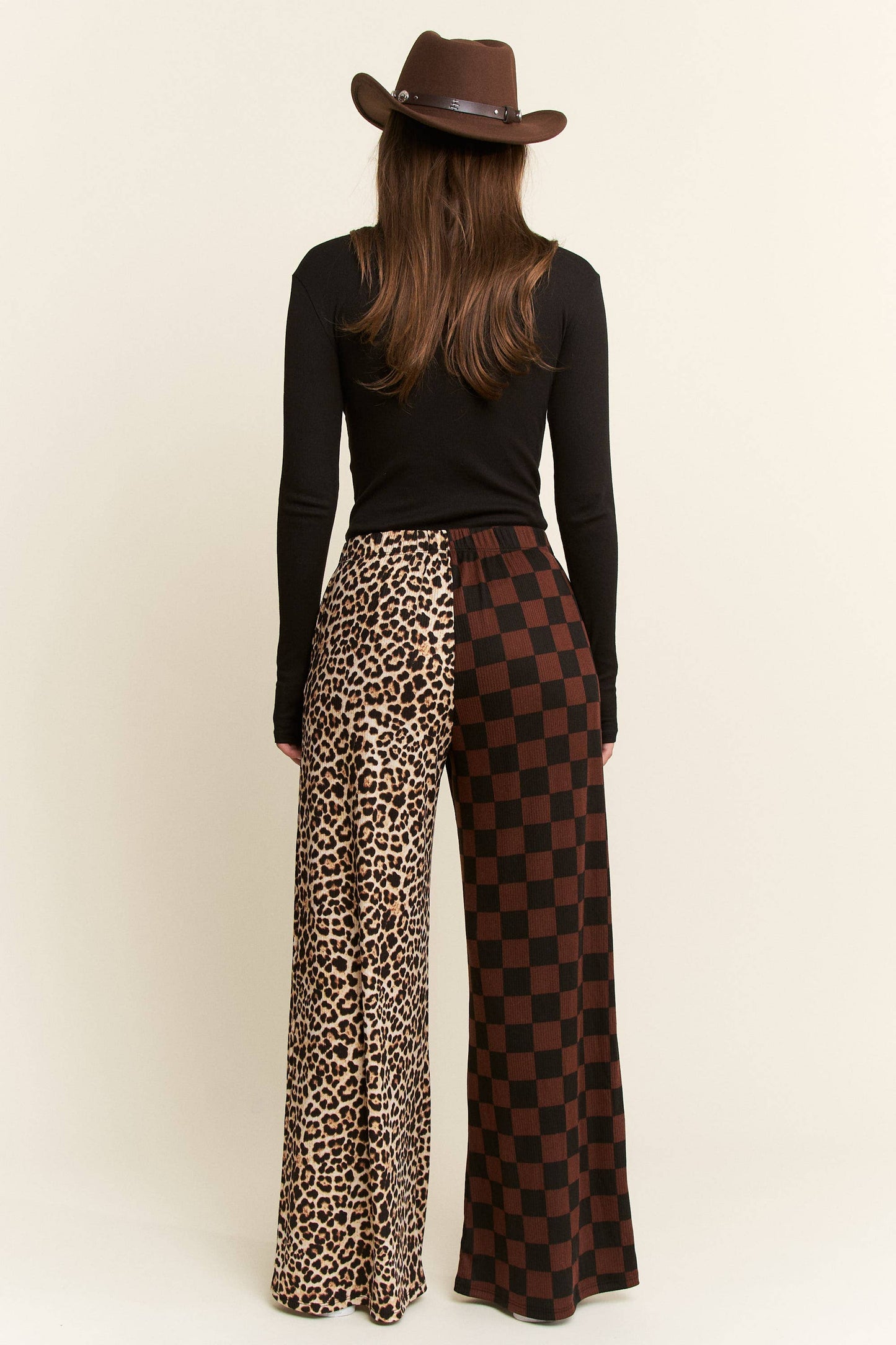 SPLIT DECISION LEOPARD-CHECKERED PANTS: MOCHA / S