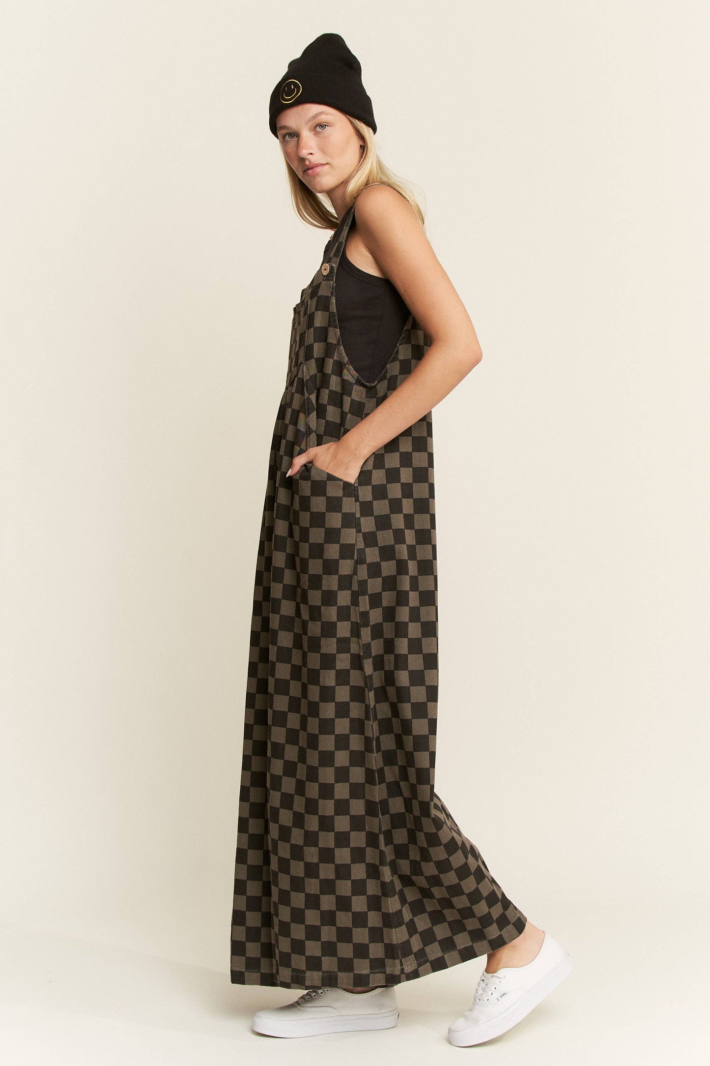CHECKERED WIDE LEG OVERALLS: MOCHA/BLACK