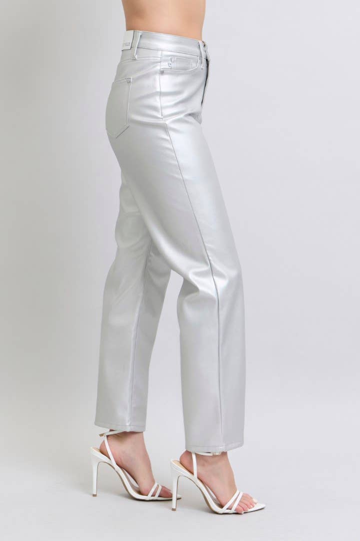 Tummy Control Metallic Silver Faux Leather Straight