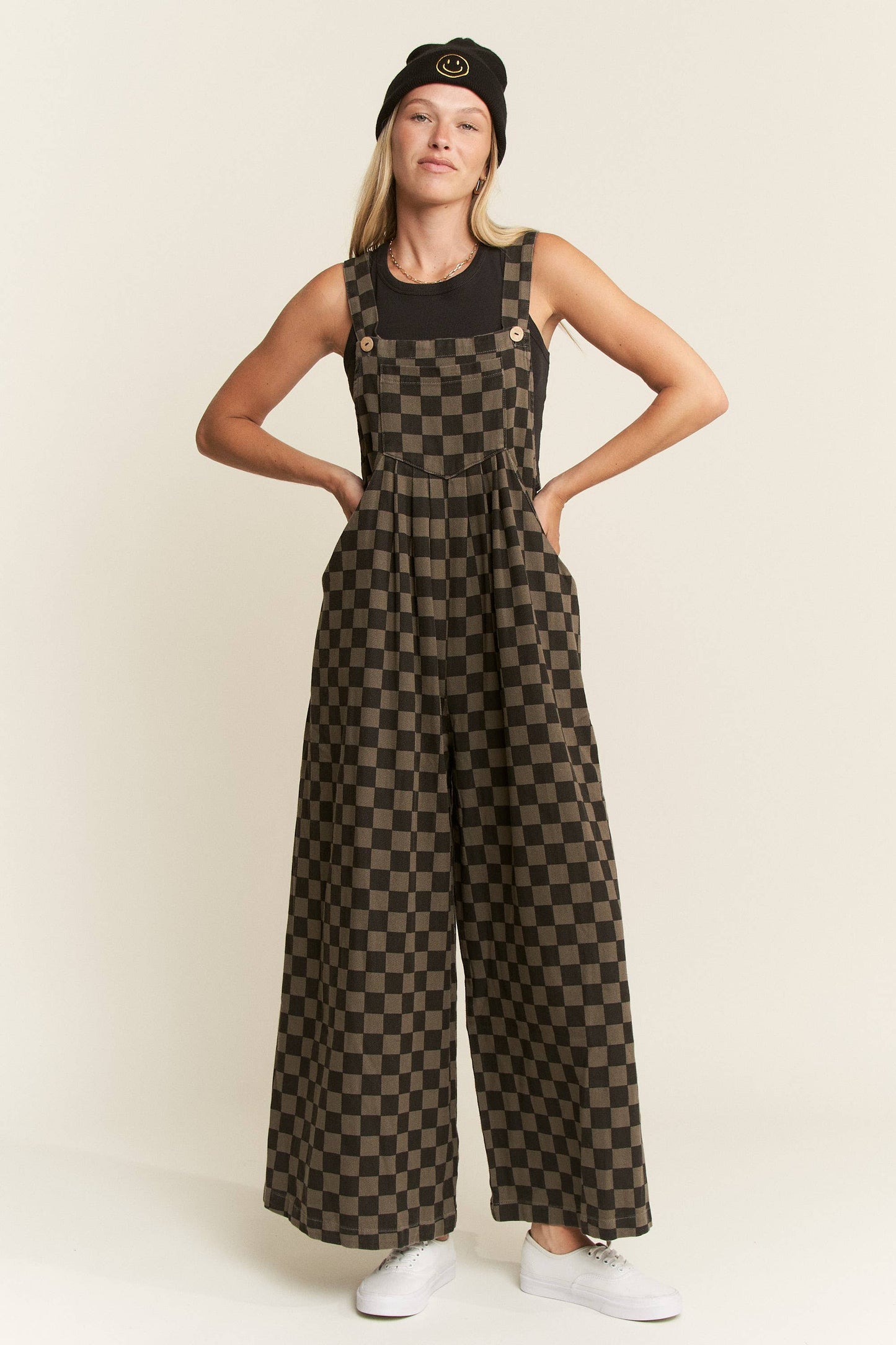 CHECKERED WIDE LEG OVERALLS: MOCHA/BLACK