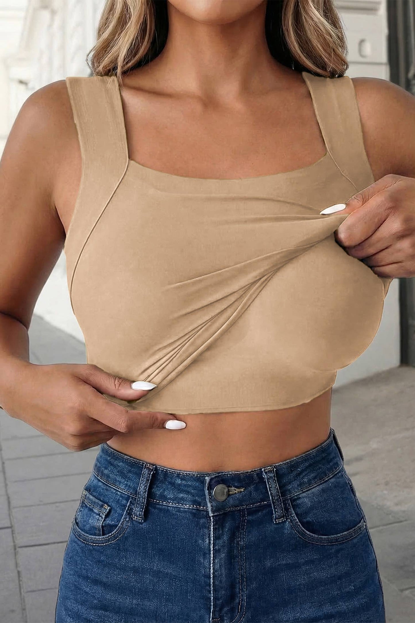 Solid Square Neck Built-in Bra Tank Top | S-XL: Black / S