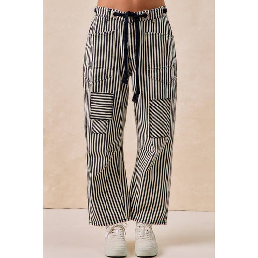STRIPED TWILL BARREL PANTS: BLACK