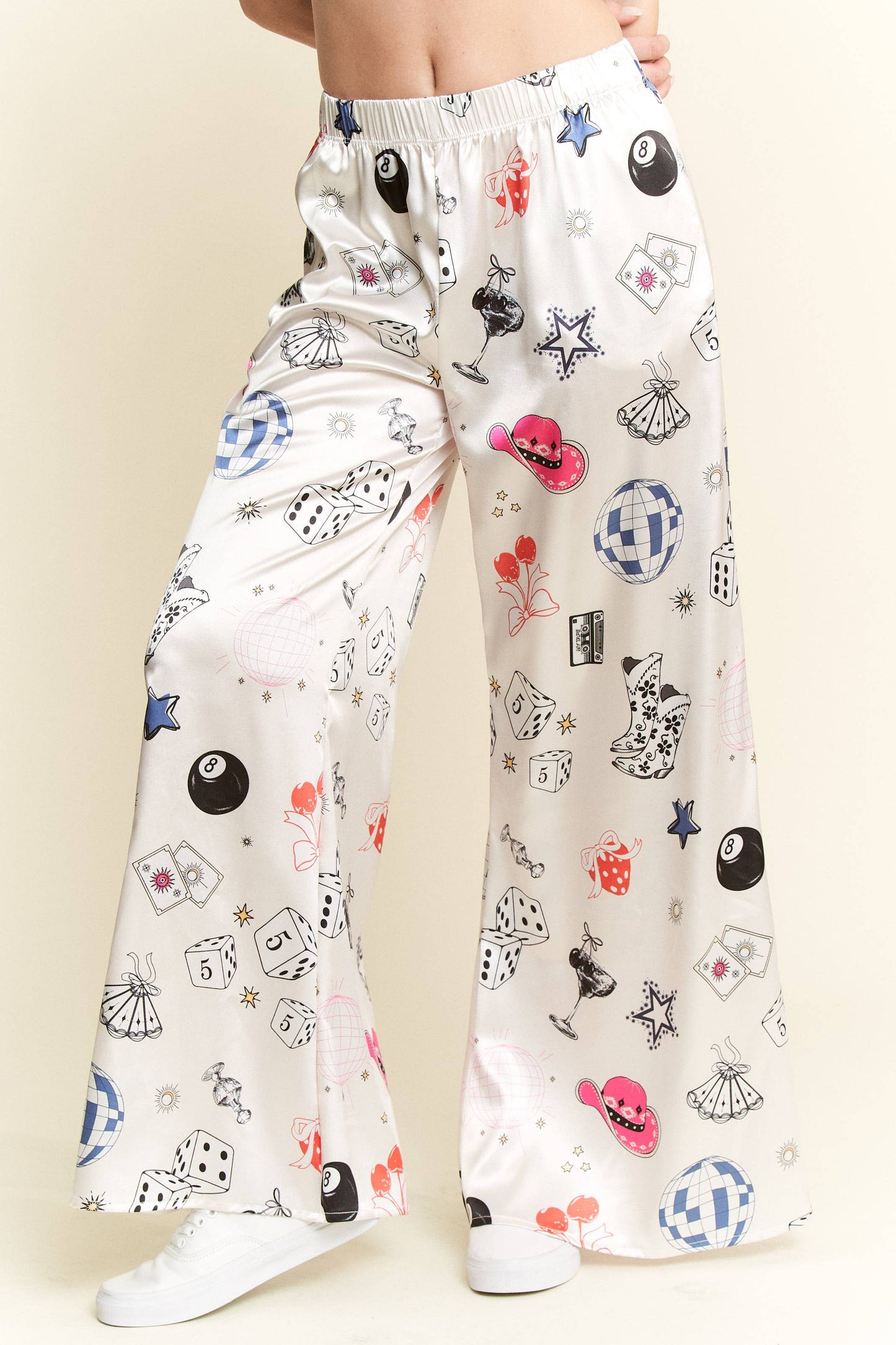 PARTY COLLAGE SATIN PANTS: Cream / L