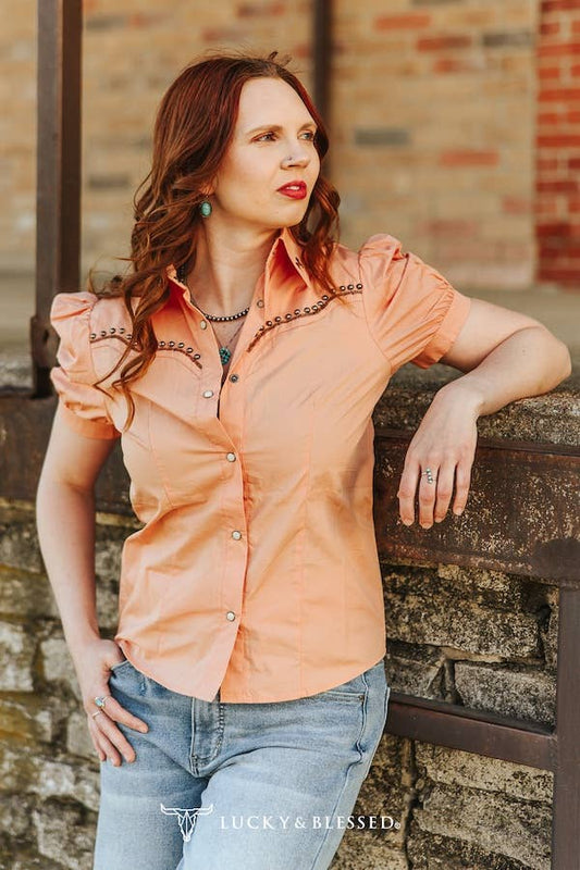 Peach Studded Contrast Embroidered Puff Button Down Shirt