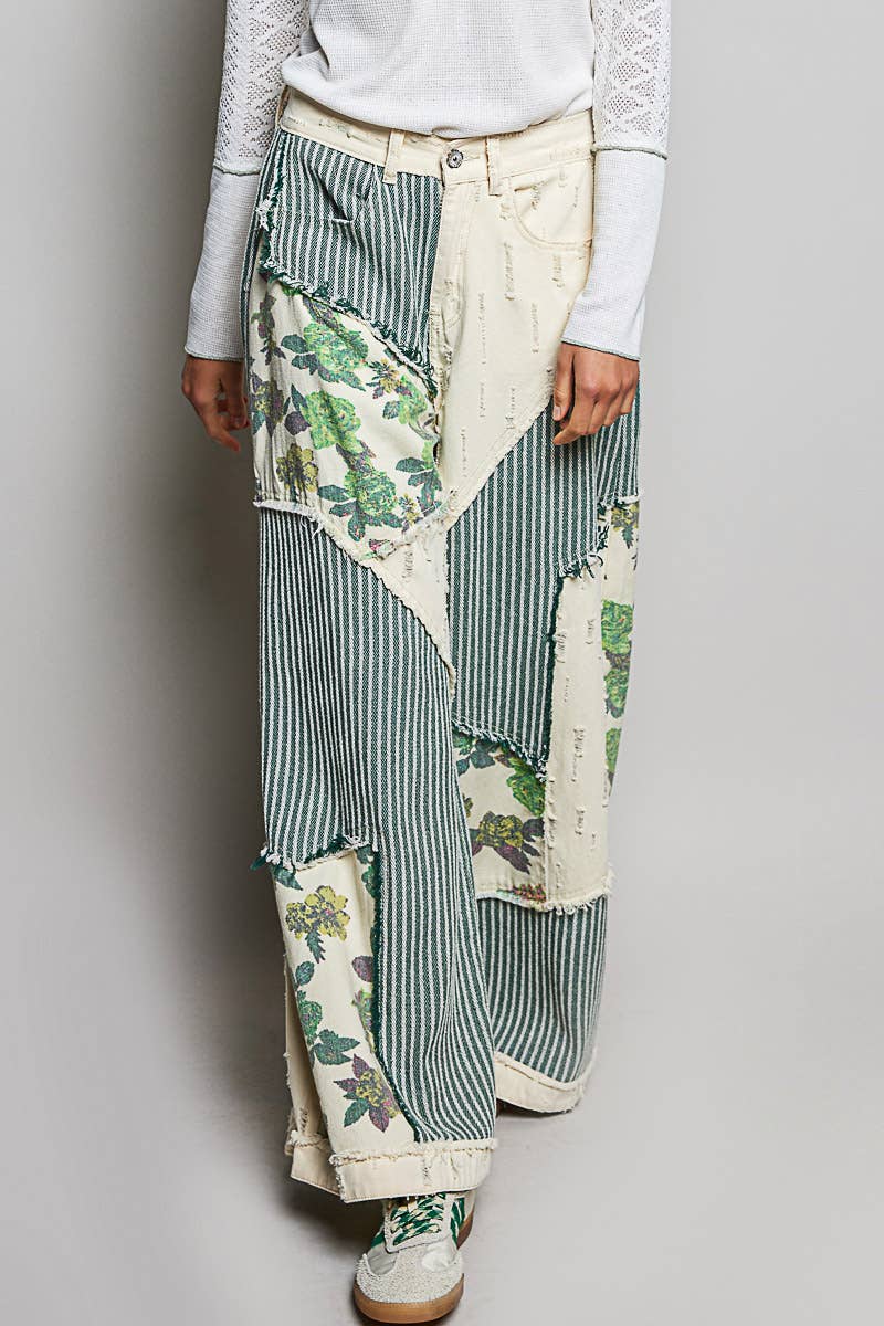 Stripe Patch Back Elastic Band Twill High Rise Wide Pants