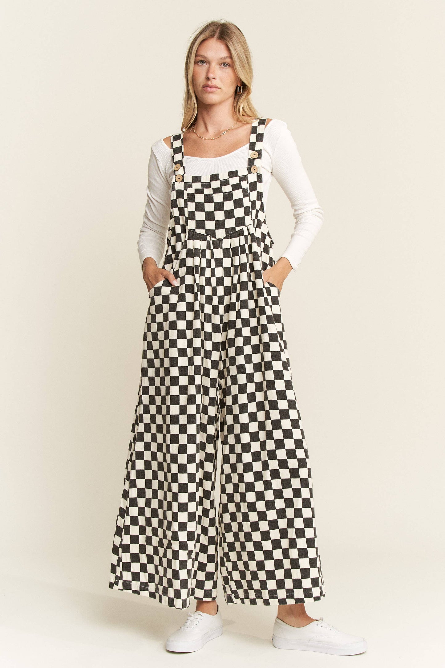 CHECKERED WIDE LEG OVERALLS: MOCHA/BLACK