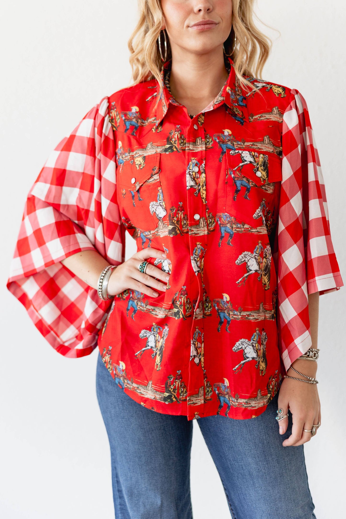 RED WHITE GINGHAM WESTERN TOP