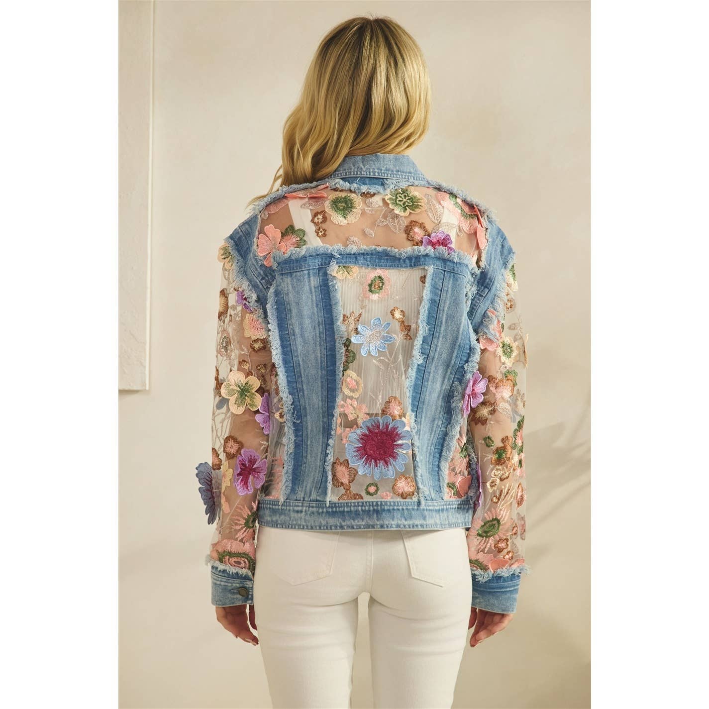 Denim Jacket with Floral Organza Inset