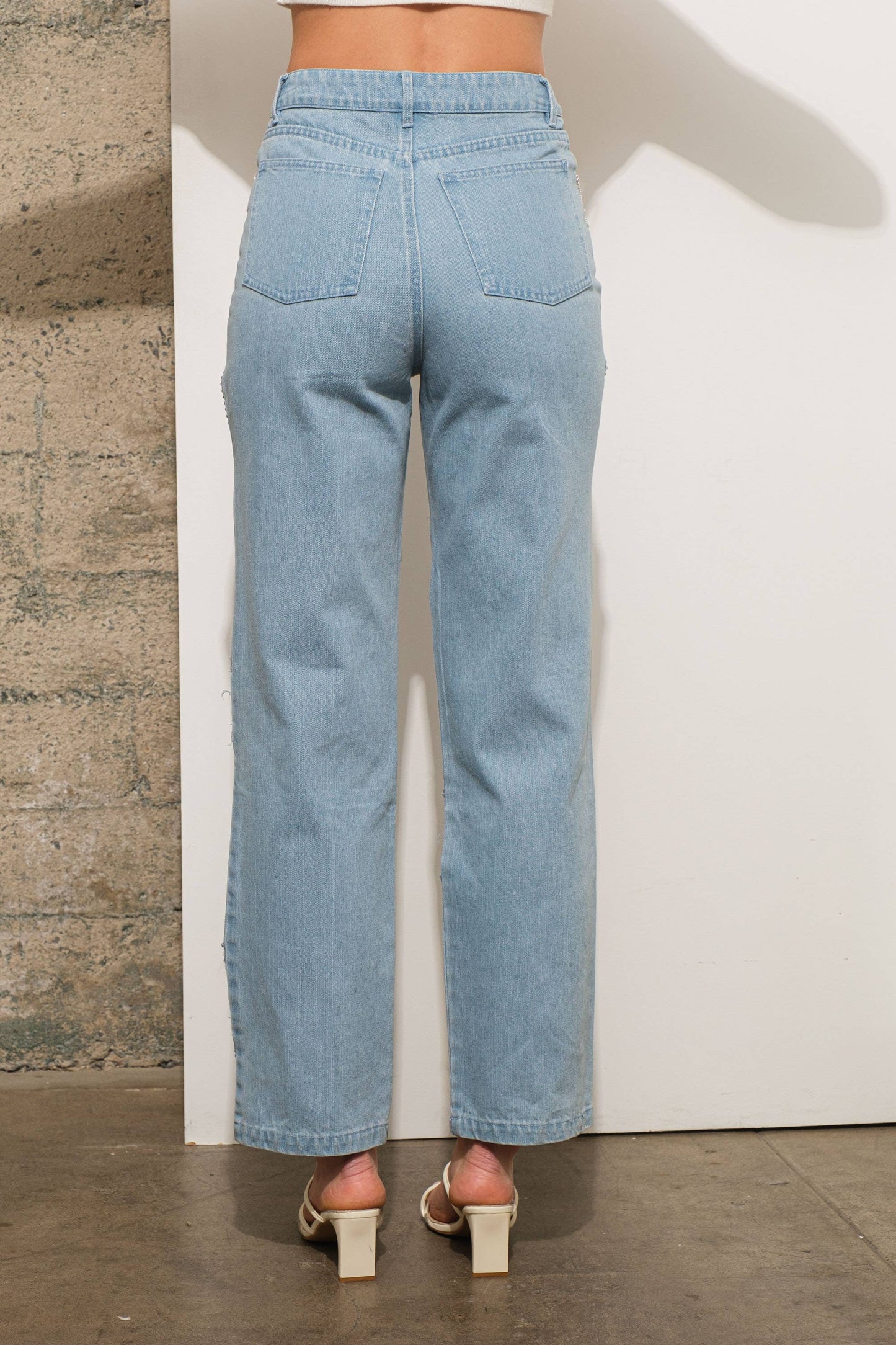 22803P -Rhinestone Fringe Denim Jeans: LIGHT WASH