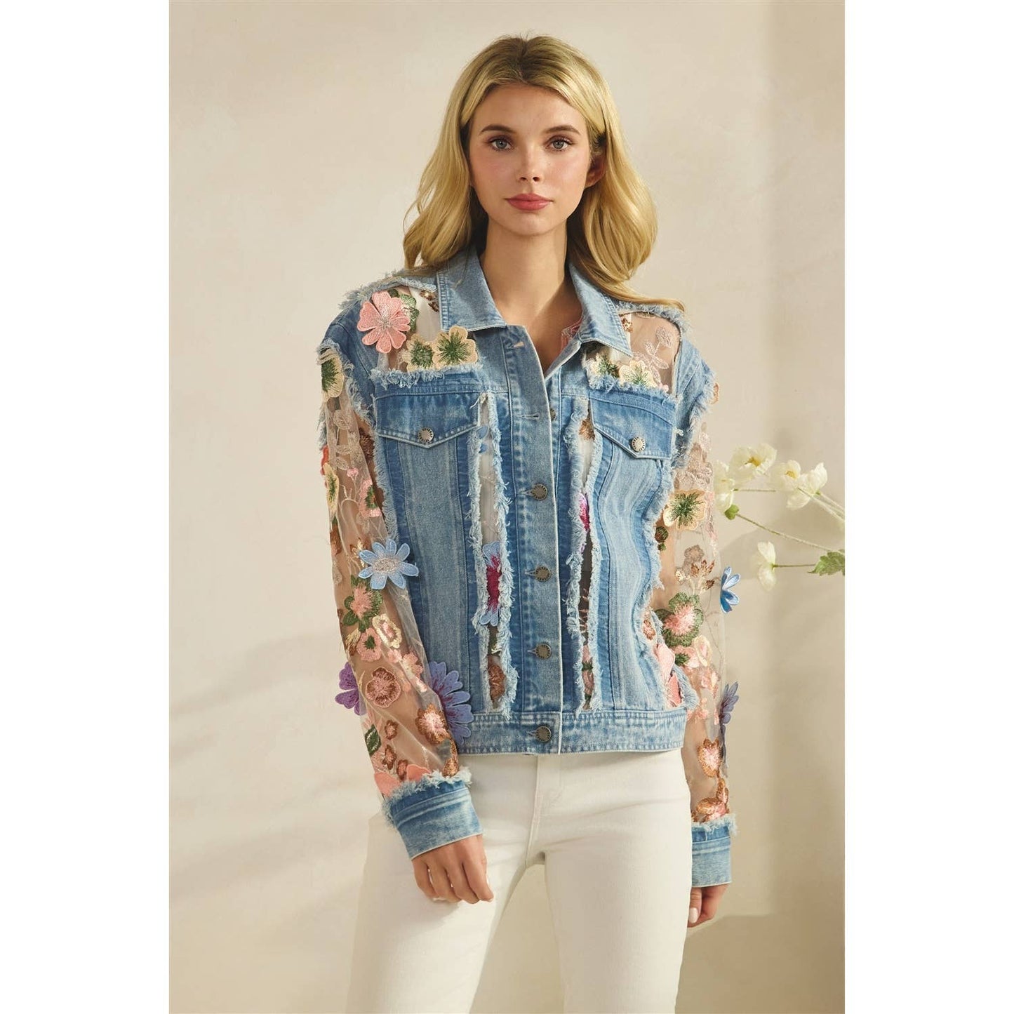 Denim Jacket with Floral Organza Inset