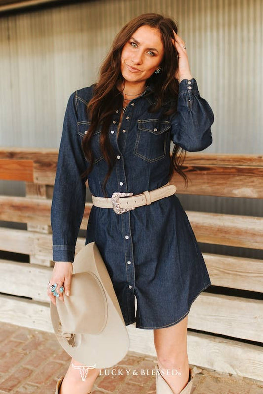 Classic Western Button Down Long Sleeve Denim Dress