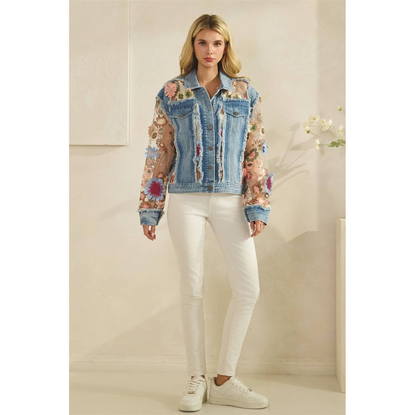 Denim Jacket with Floral Organza Inset