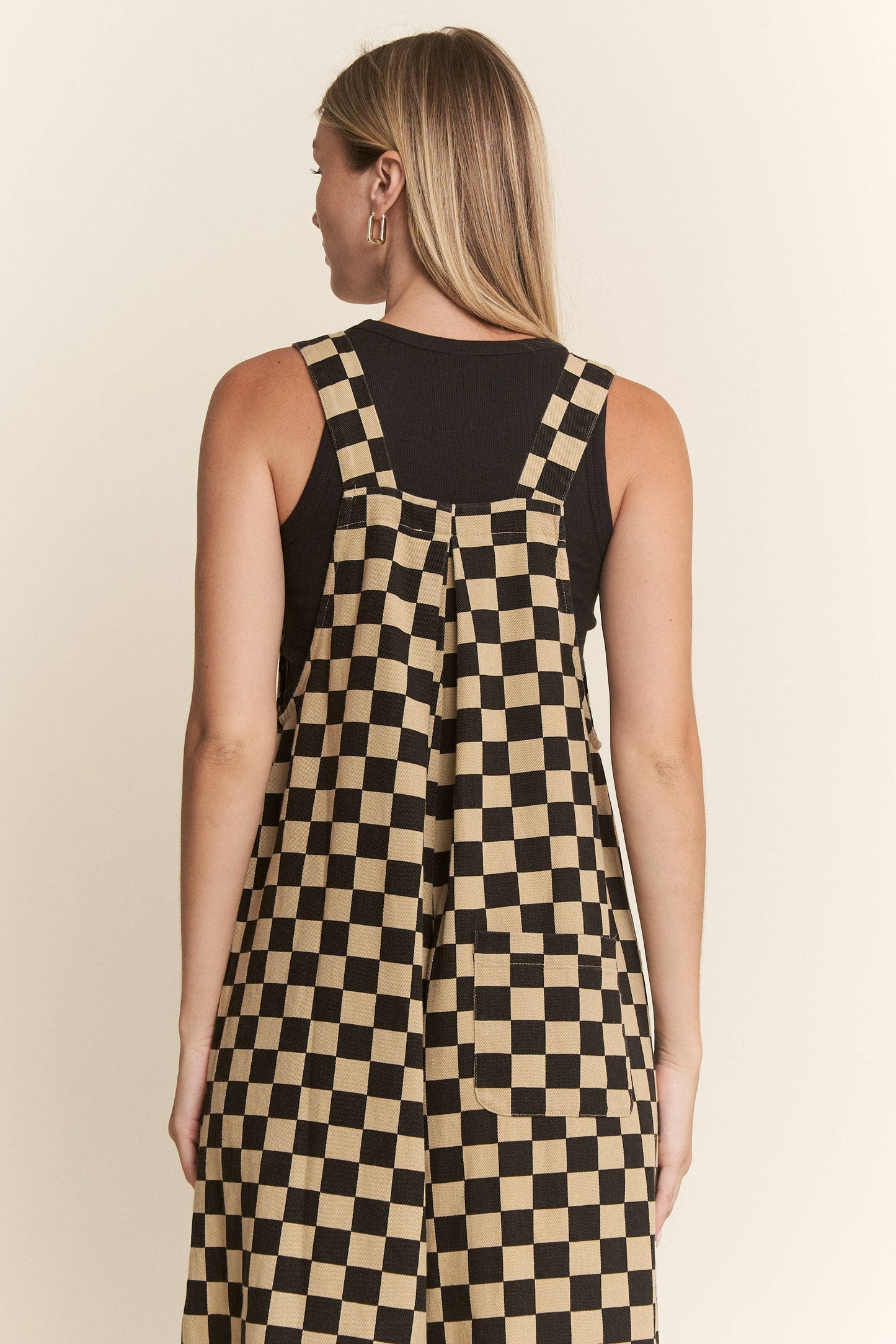 CHECKERED WIDE LEG OVERALLS: MOCHA/BLACK