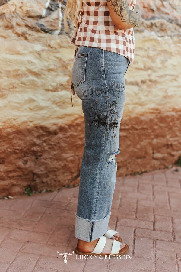 Mid Wash Studded Printed Bronco Straight Leg Jeans (28in): 0