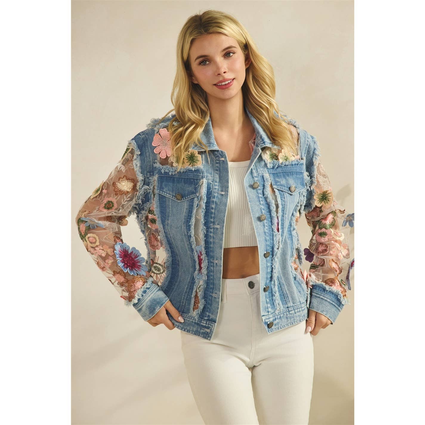 Denim Jacket with Floral Organza Inset