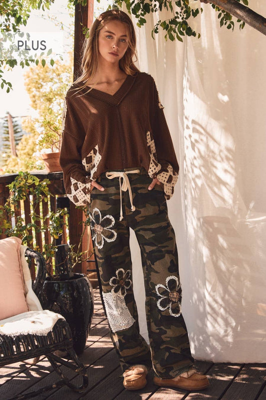 Plus Camouflage Print Drawstring Pants: WASHED CAMO