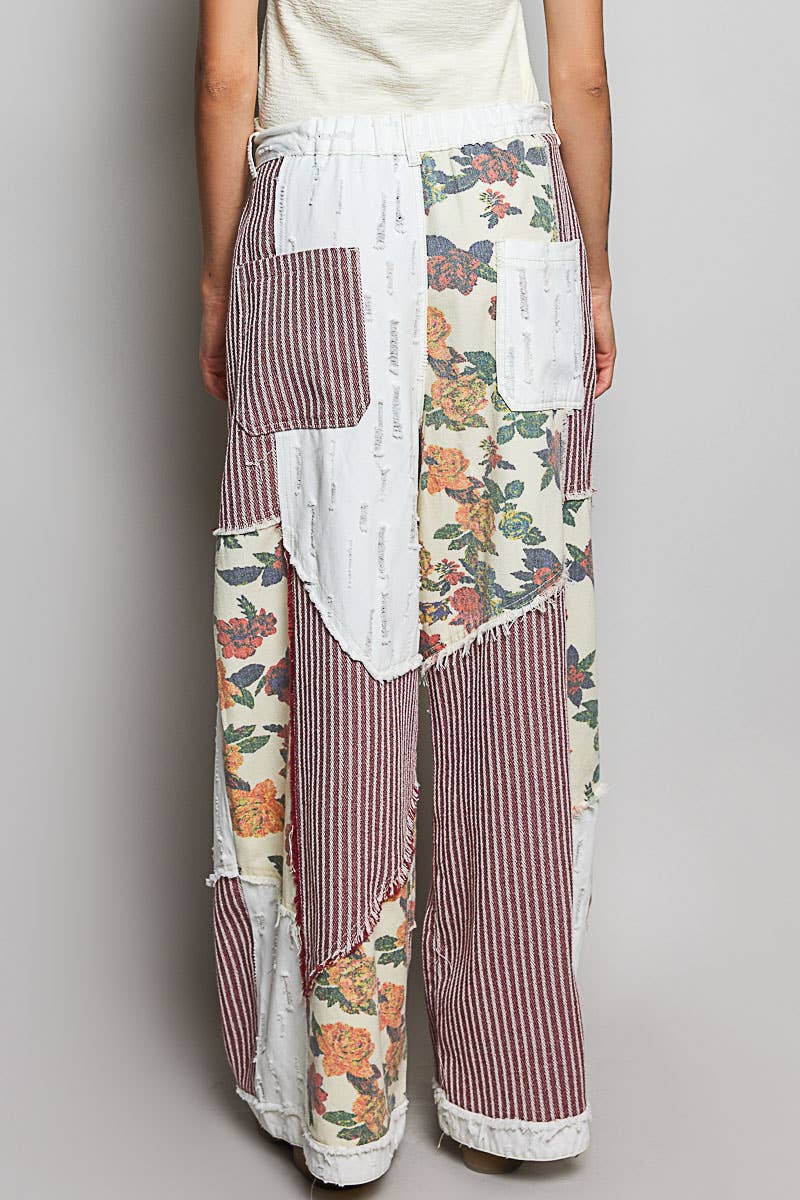 Stripe Patch Back Elastic Band Twill High Rise Wide Pants