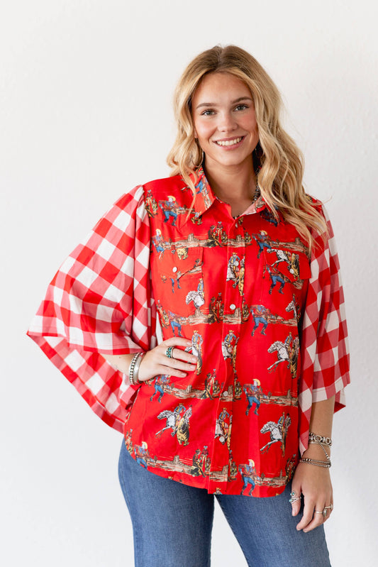 RED WHITE GINGHAM WESTERN TOP