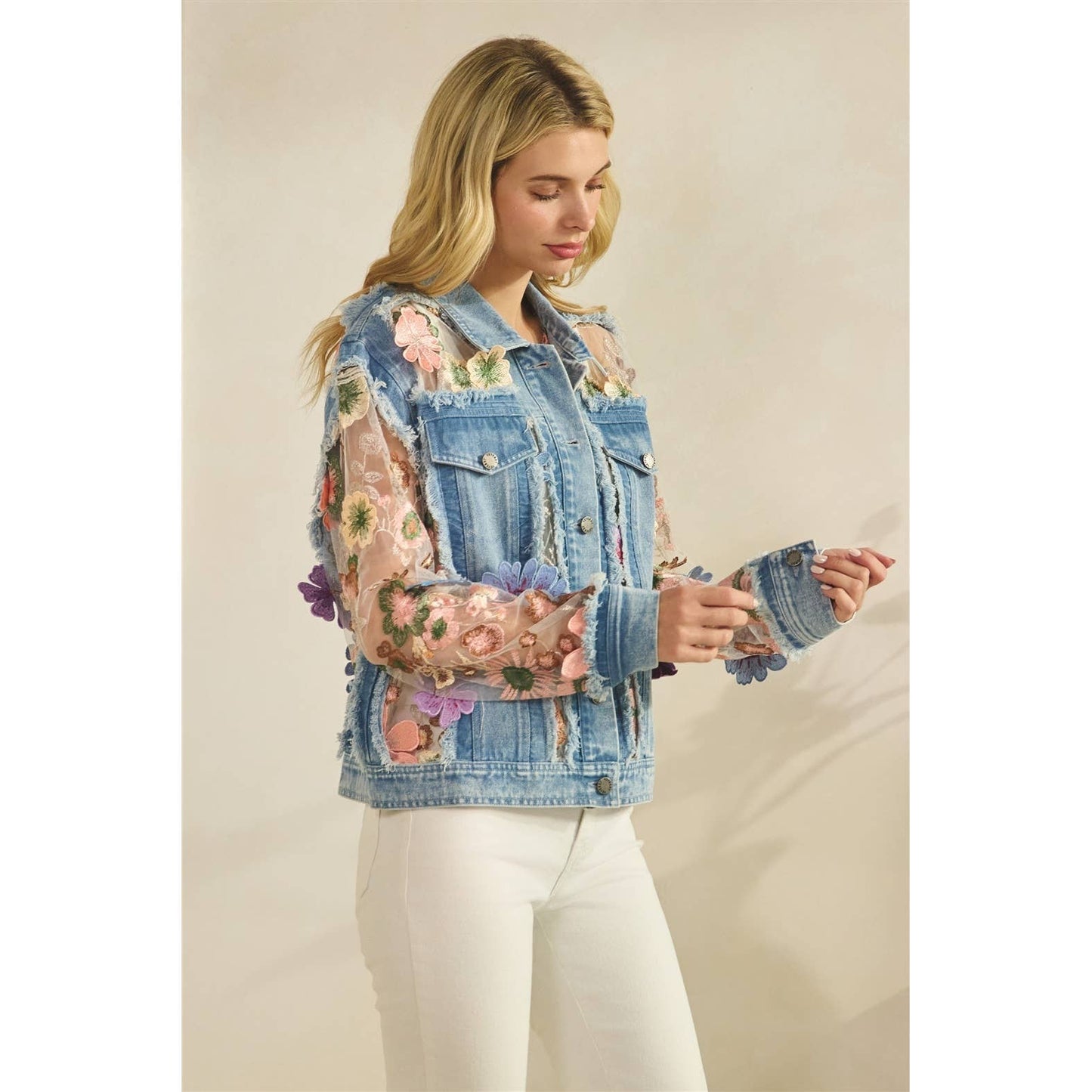 Denim Jacket with Floral Organza Inset