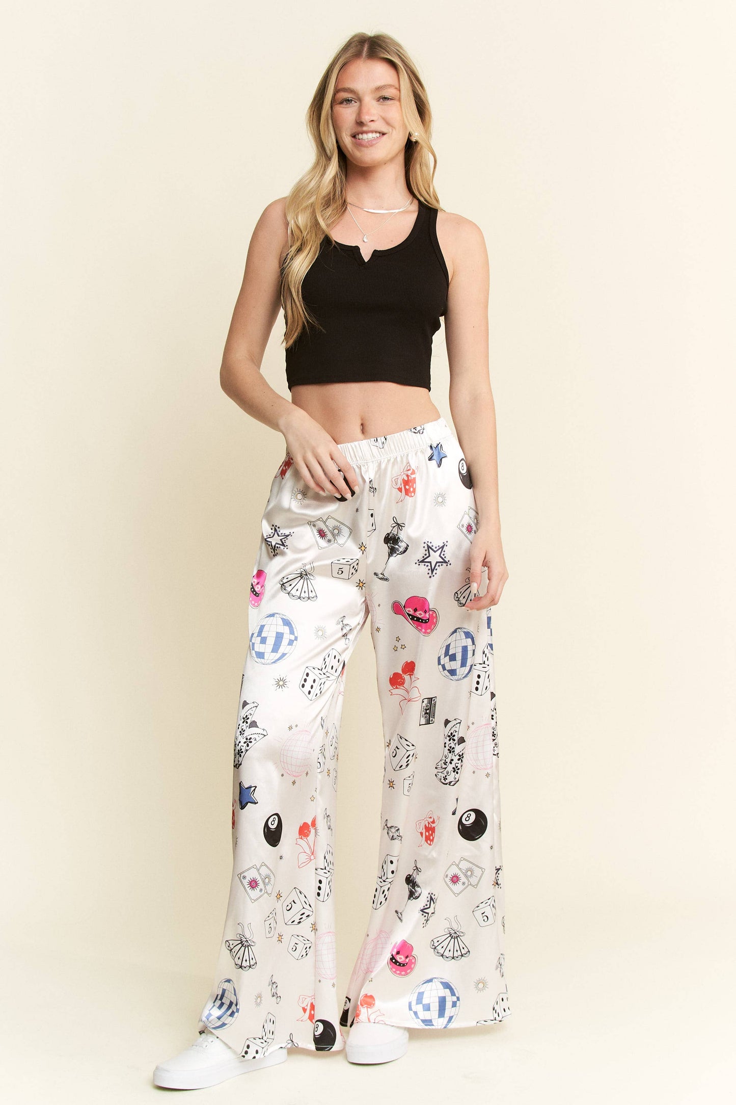 PARTY COLLAGE SATIN PANTS: Cream / L