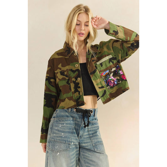 Camo Contrast Jacket: Camo Sequin