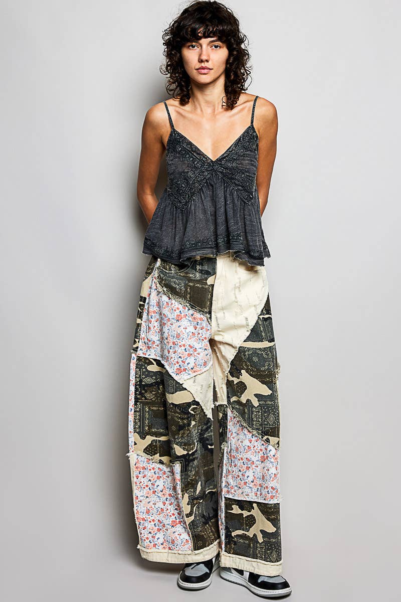 Stripe Patch Back Elastic Band Twill High Rise Wide Pants
