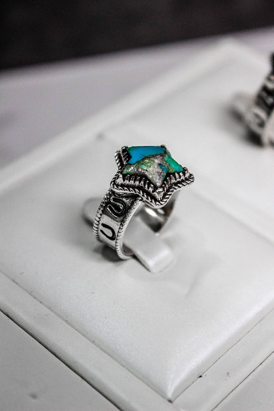 Starry Stamped Sterling Ring: Kingman Turquoise / 7