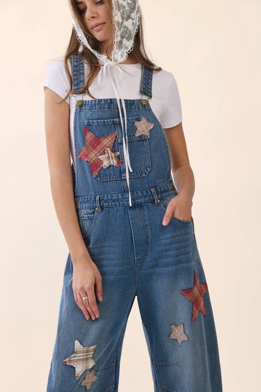 Star Patch Denim Barrel Overall: WASHED DENIM