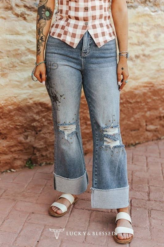 Mid Wash Studded Printed Bronco Straight Leg Jeans (28in): 14
