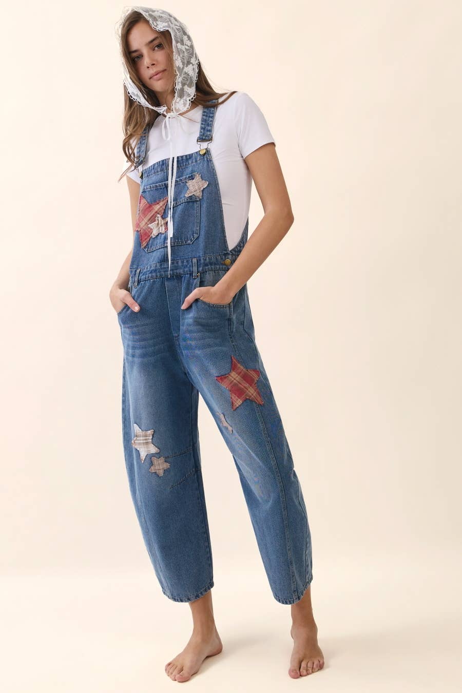 Star Patch Denim Barrel Overall: WASHED DENIM