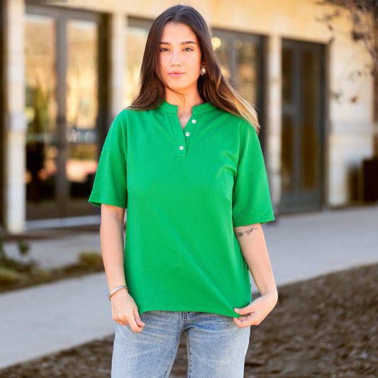 Solid Buttoned Short Sleeve Top with Slits