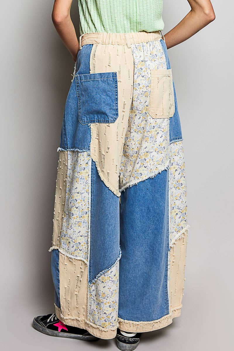 Stripe Patch Back Elastic Band Twill High Rise Wide Pants