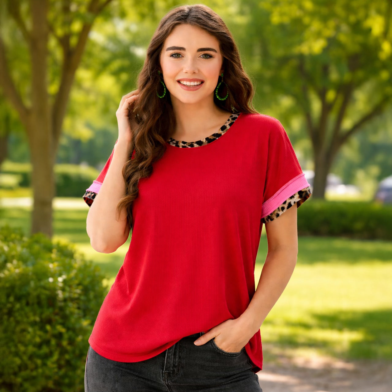 RED WITH LEOPARD AND PINK SHORT SLEEVE