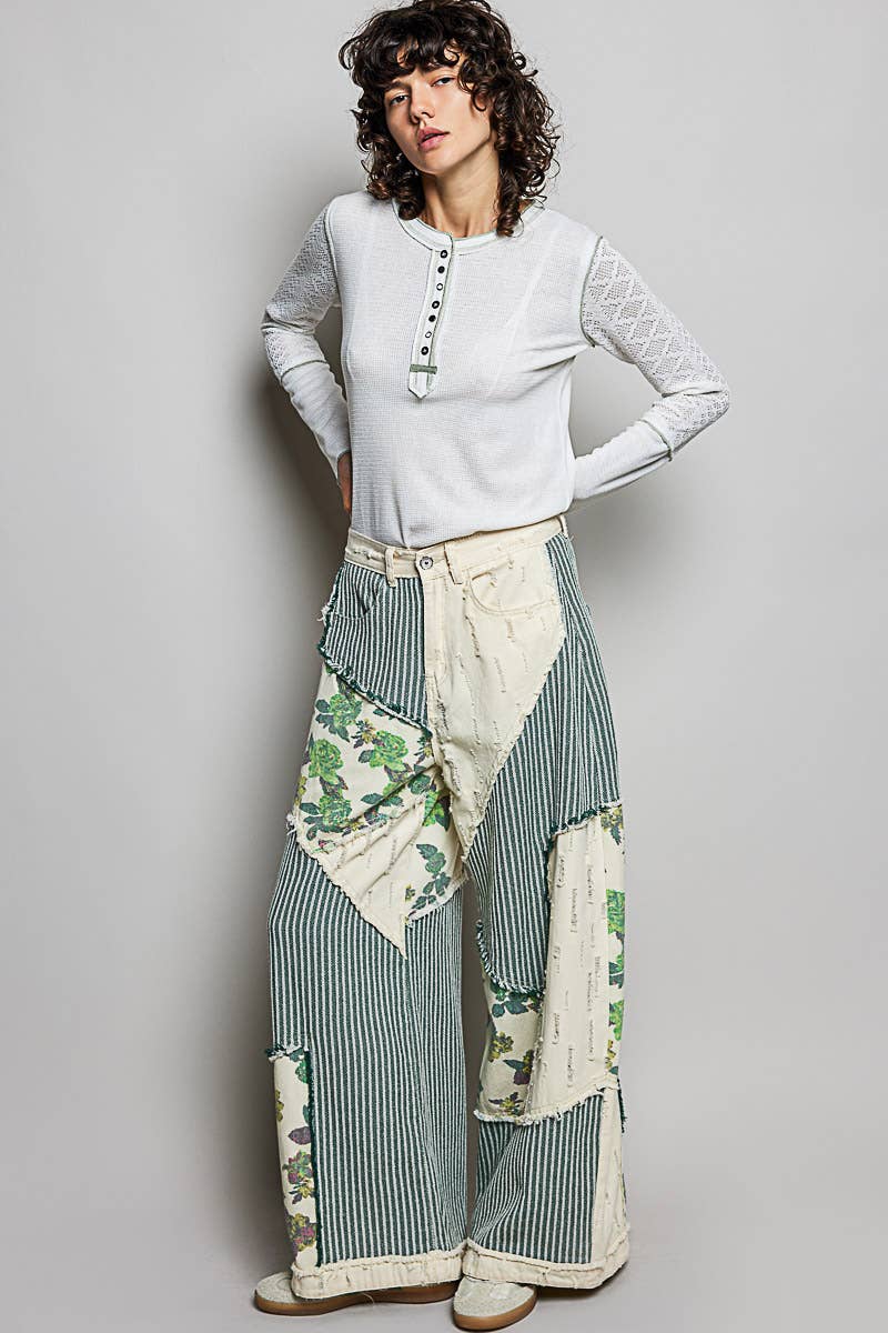 Stripe Patch Back Elastic Band Twill High Rise Wide Pants