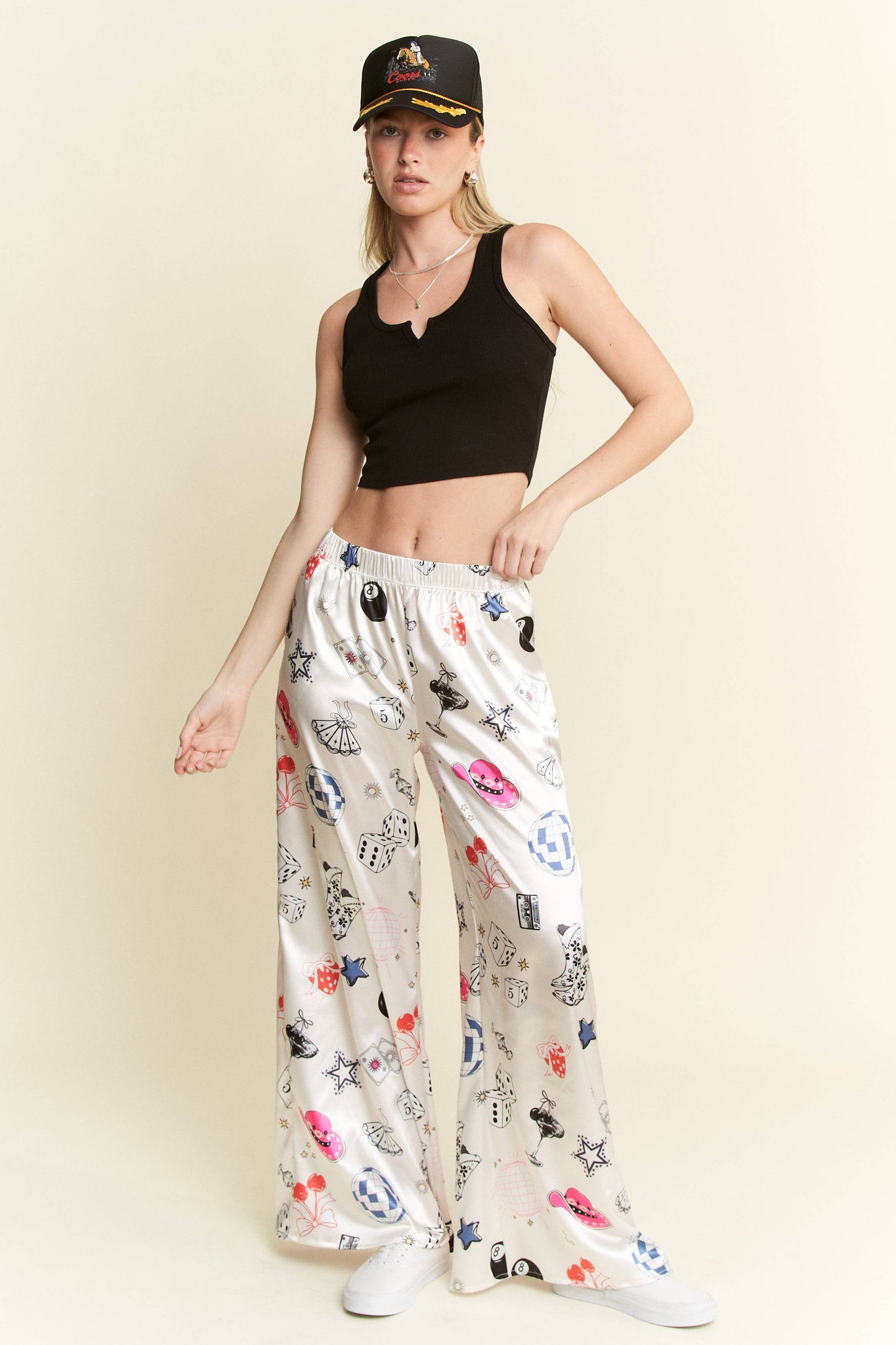 PARTY COLLAGE SATIN PANTS: Cream / L
