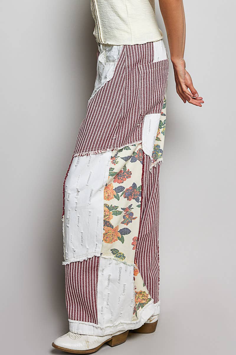Stripe Patch Back Elastic Band Twill High Rise Wide Pants