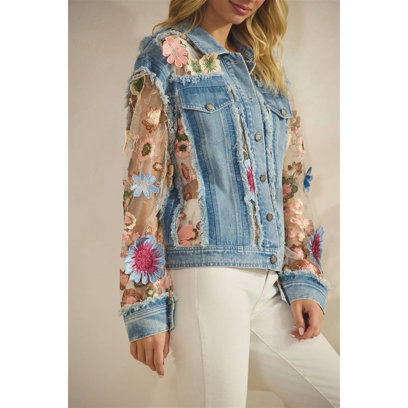 Denim Jacket with Floral Organza Inset