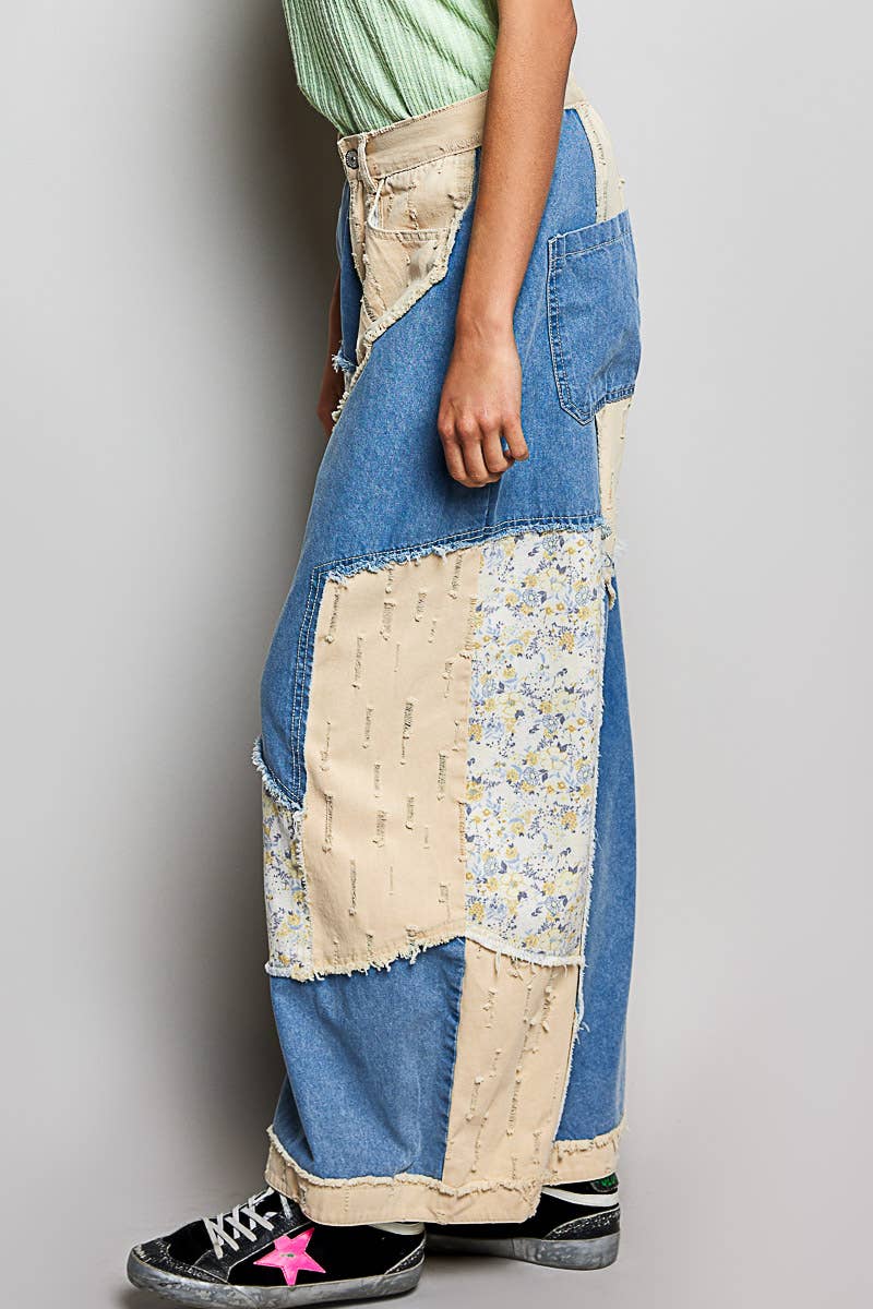 Stripe Patch Back Elastic Band Twill High Rise Wide Pants