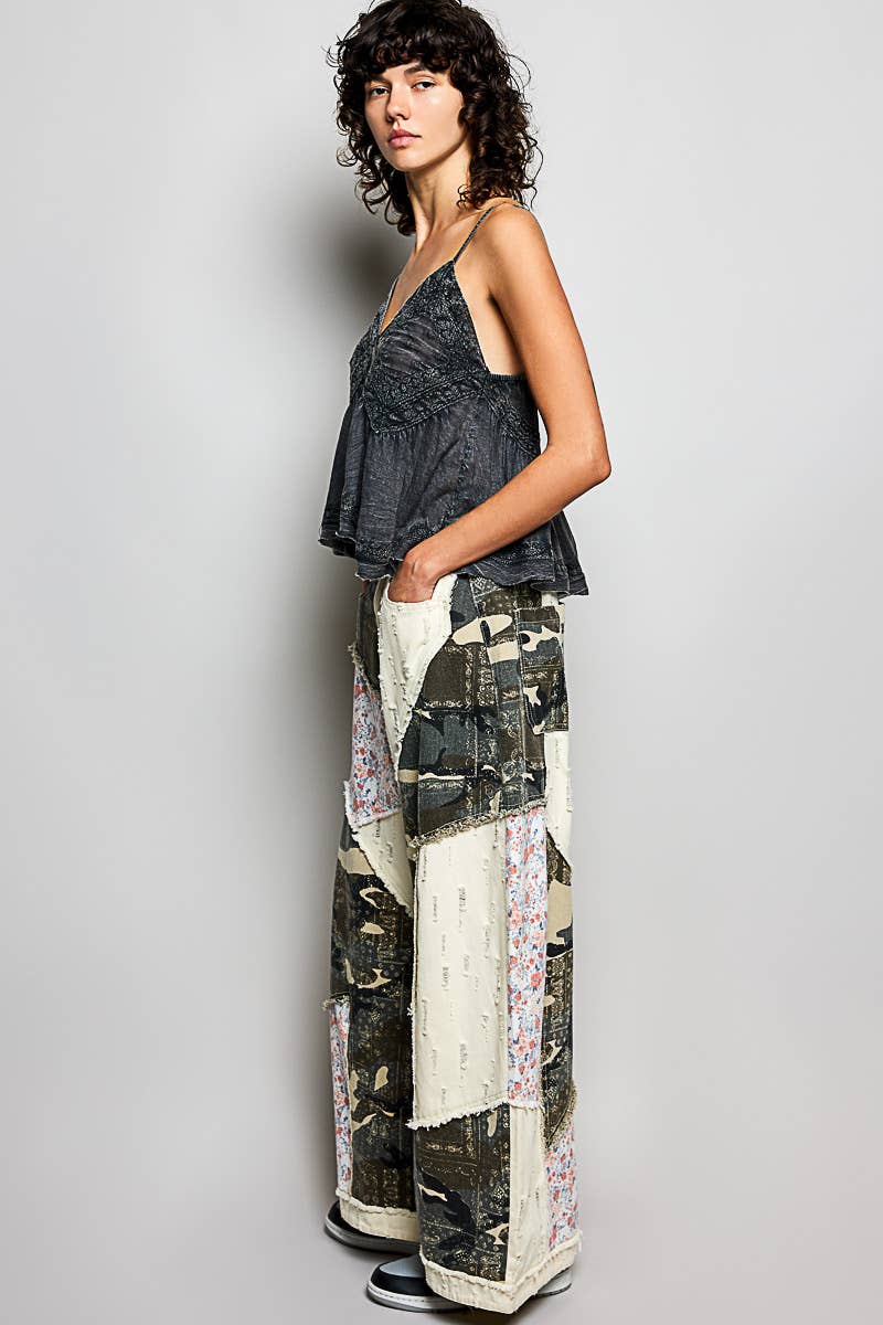 Stripe Patch Back Elastic Band Twill High Rise Wide Pants