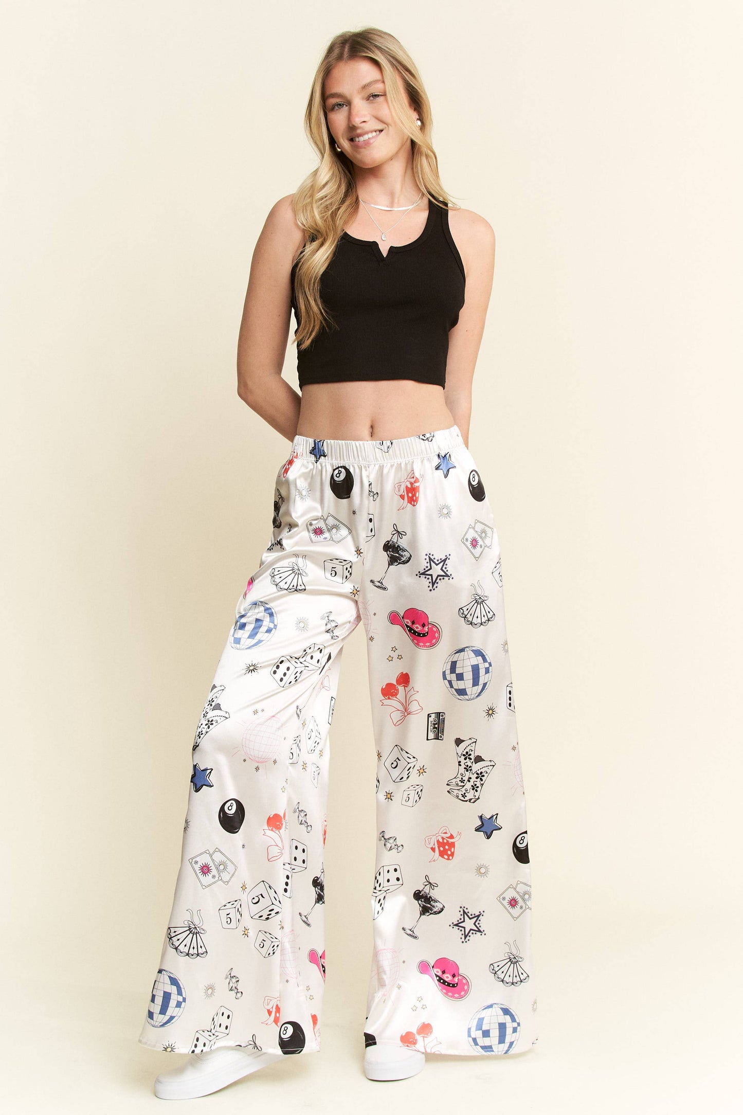 PARTY COLLAGE SATIN PANTS: Cream / L