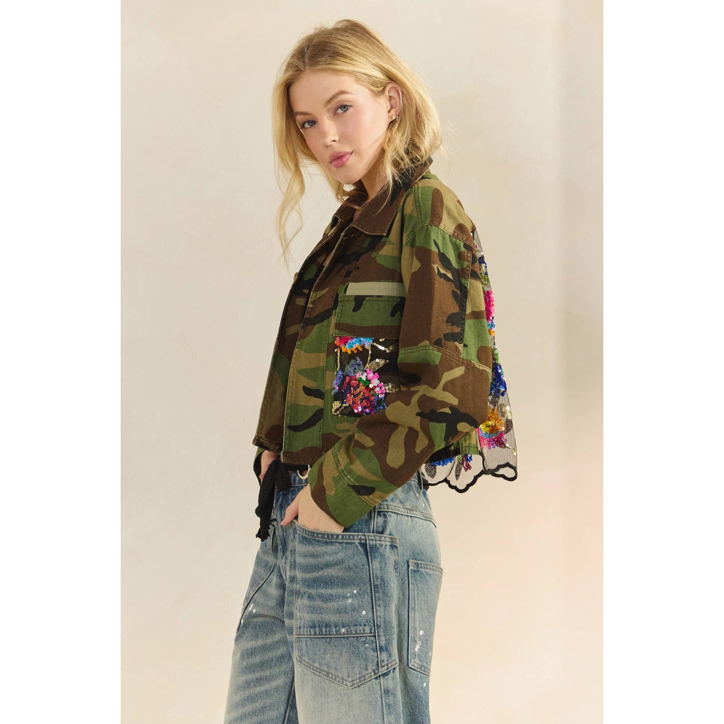 Camo Contrast Jacket: Camo Sequin